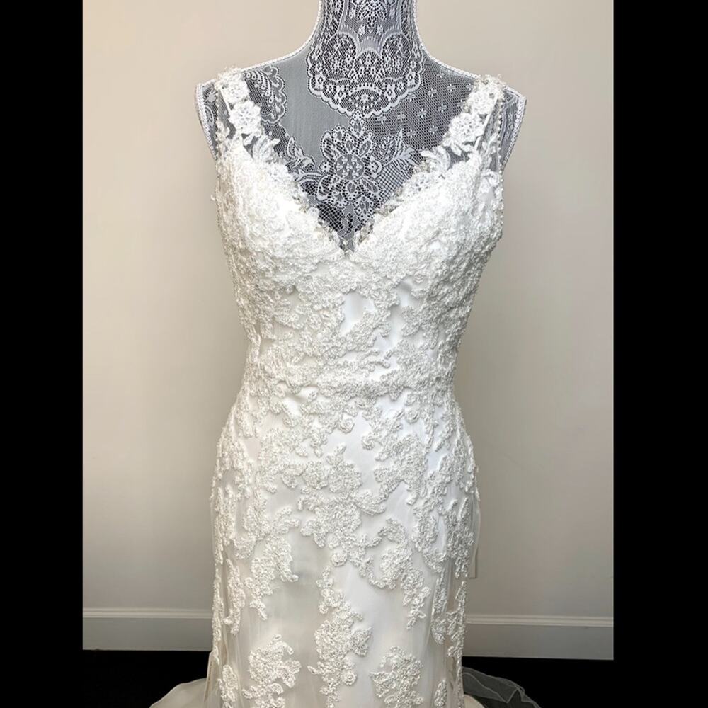 Mia Solano ‘Cate’ Ivory V Neck Beaded Sleeveless Backless Sheath Wedding Dress - Picture 5 of 9
